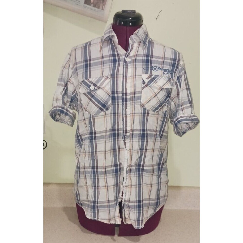 Ed Hardy Mens Plaid Button Up Shirt Y2K Short Sleeve Size Small